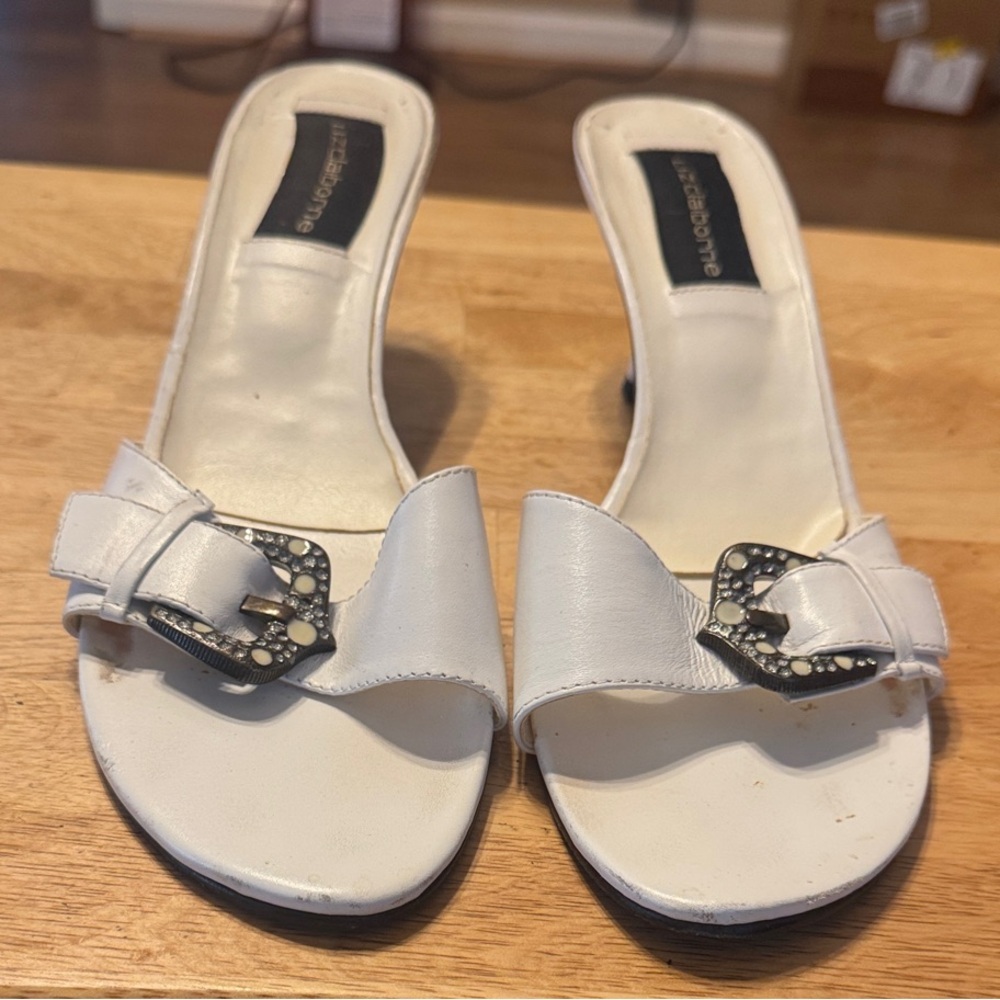 Liz Claiborne White Mules with Buckle Accent